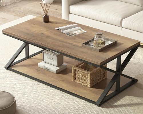 Launica Coffee Table with Storage, Rustic Living Room Table, Modern Minimalist Rectangle Center Table, Industrial Vintage Wood Tea Table, 120 CM, Rustic Oak