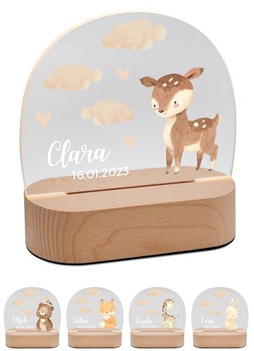 Bärenfreunde® - Personalisiertes Nachtlicht für Babys - Individuelle Nachttischlampe für Kinder - Personalisierte Geschenke Kinder - Babygeschenk - Geschenk zur Geburt (Reh)
