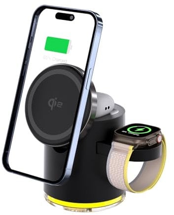 3 in 1 Wireless Charging Station, Qi2 Wireless Charger with Night Lights, Magnetic Charger Dock for iPhone 15/14/13/12 Pro/Max/Plus, AirPods, Apple Watch 2-9/Ultra