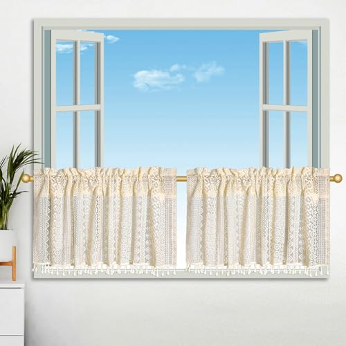 Beydodo Gardinen Kurz Küche, Bistrogardine Scheibengardine 45CM Hoch Landhausstil mit Blumen Geometrie Muster Vorhänge Halbtransparent Beige Küchengardinen Fenster 2er Set 100x45CM
