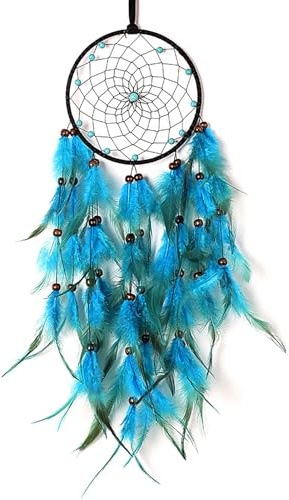 Dream Catcher Blue with Feathers, Handmade Blue Dreamcatcher with LED Fairy Lights Dream Catcher Wall Decor, Traditional Circular Net for Wall Hanging Decor for Boys Girls Kids
