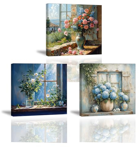 Piy Painting Leinwanddruck Blume, Fenster Leinwand Wandkunst, Dekorative Gemälde, Blume Kunstdruck, Wandbilder, Leicht zu hängen für Schlafzimmer Wohnzimmer Eingangsbereich, Set von 3, 30x30 cm
