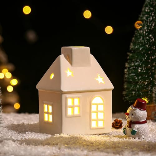 Weihnachtsdeko Lichthäuser mit LED Licht, Teelichthaus Keramik, Lichterhaus aus Porzellan, Lichthaus Weiss Weihnachtshaus Teelicht Haus Windlicht Haus Teelichthalter für Weihnachten Deko (C)