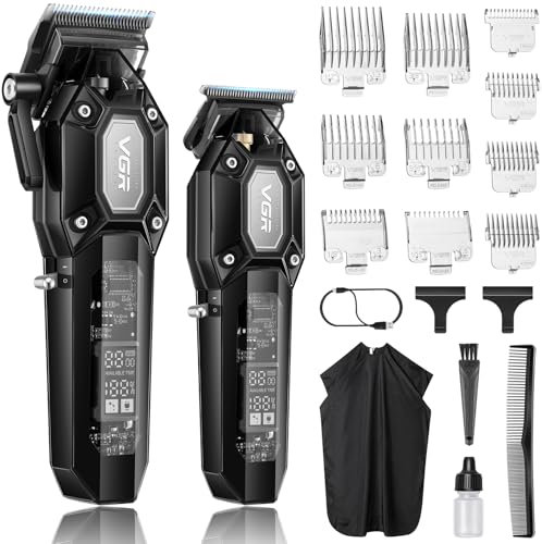 VGR Professioneller Haarschneider für Herren, Kabelloses Barber Set, Haarschneidemaschine Set mit 10 Aufsteckkämmen, USB Wiederaufladbarer Profi Haarschneider mit LED-Anzeige, Schwarz