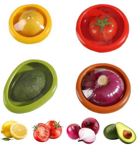 4PCS Silicone Fruit and Vegetable Storage Containers Set, Reusable Produce Savers for Fridge, Avocado Keeper, Onion Tomato Lemon Holder, BPA-Free Food Storage Lids
