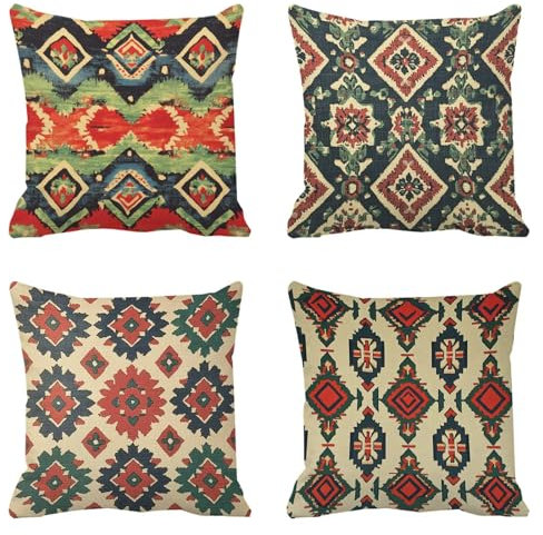 Outdoor Kissen Kelim Kissenbezug 80x80 Tapisserie Design Wasserabweisend Sofakissen Kissenbezüge Frühling Sommer Dekokissen Kissenhülle Zierkissen Ideal für Outdoor Garten Balkon Deko 4er Set, k-675