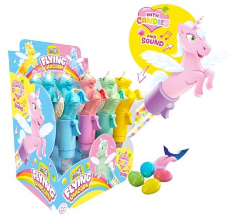 Flying Unicorn 12er Display | Einhorn-Spielzeug mit beweglichen Flügeln & Soundeffekt | Fruchtbonbons mit Erdbeergeschmack | Interaktives Kinder-Set für Partys & Geschenke | Halal