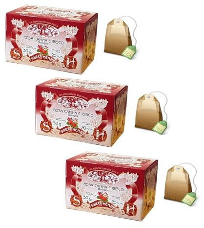 Sweet Herbs® | Tisana Rosa Canina e Ibisco | Infuso Biologico Erbe Azione Antiossidante - 3 x 20 Filtri in Singole Bustine (90 Gr)