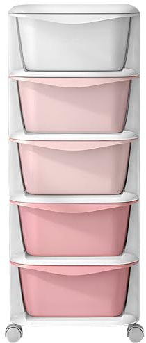 Kids Storage Units with 5 Drawers, Plastic Storage Drawers, 5 Tier Chest Vertical Dresser Tower Toy Organizer, Space-Saving Draws for Office,Home,36X36X89cm, for Nursery Playroom Kindergarten (pink)