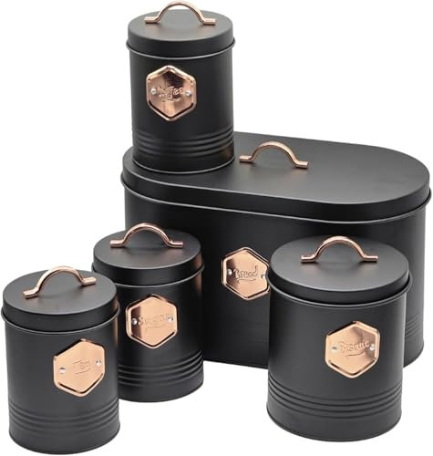 Almineez Stylish 5pc Kitchen Storage Set with Airtight Lids Includes Tea Coffee Sugar Biscuit Canister Jar with Matching Top Bread Bin Black & Copper Design