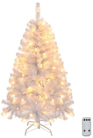 Bonnlo 4ft/1.2m White Pre Lit Mini Christmas Tree with 140 Warm White LED Lights, 346 Branch Tips, 8 Lighting Modes, Metal Stand