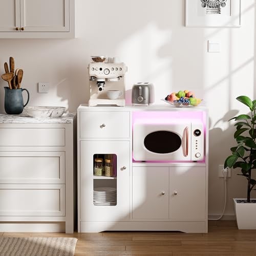 Ztexkee Credenza Cucina con Presa Mobile Cucina per Microonde Buffet con 1 Cassetti e 2 Armadietti Credenza Buffet 83x40x80 cm per Soggiorno Sala da Pranzo Ingresso, Bianco