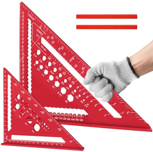 flintronic Zimmermannswinkel Set, 2PCS Multifunktional Anschlagwinkel, 18cm+30cm, Aluminium Lineal Winkelführung Inkl. Flachem Zimmermannsbleistift zum Messen von Winkeln (Rot)