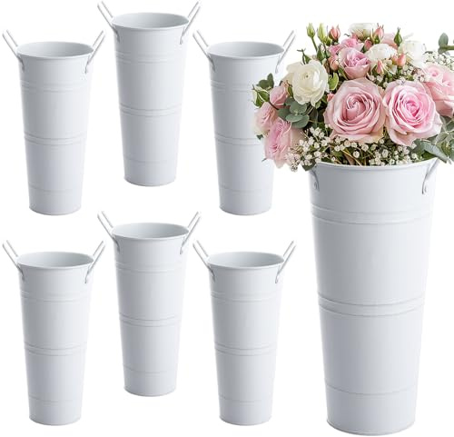 APACALI 6 Pack Galvanized Metal Flower Vases, 23cm Flower Bucket with Handles, Farmhouse French Bucket Planters for Wedding Home Garden Decor, White
