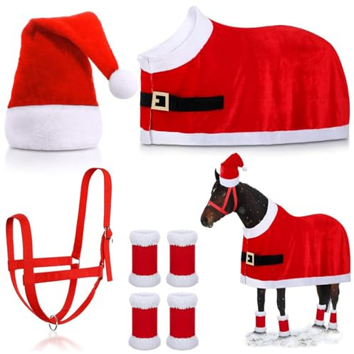 Kostüme für Pferde zum Tragen eines roten Pferdekostüms mit Weihnachtsmütze, Beinwickel, Sattel und Halfter für Partyparaden im Winter, Kostüme für Pferde