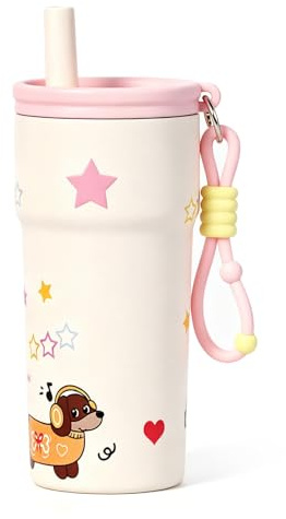 pluseight Stainless Steel Tumbler with Straw, 500ml/17oz Tumbler for Hot and Cold, Travel Portable Coffee Mug for Hot and Cold, Fit in Car Cup Holder (Pink Star)