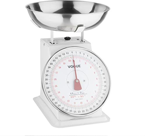 Vogue Traditional Kitchen Scales with Bowl, White, Capacity: 20 kg/44 lbs, Large Removable Pan, Mechanical Kitchen Weighing Scales, Heavy Duty Kitchen Scales, F176