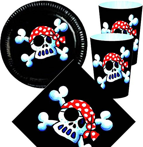 36 TLG. Jolly Roger-Set für Kindergeburtstag: Teller + Servietten + Becher + Deko | Party Dekoration Kinder Geburtstag Mottoparty Pirat Totenkopf