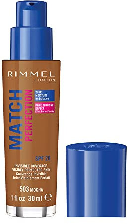 Rimmel Match Perfection Foundation 503 Mocha, Medium Coverage, 24hr Hydration, No Caking or Creasing, Lightweight, Reduces Imperfections, Invisible Coverage, SPF20, Cruelty Free