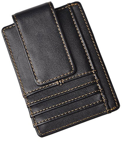 Le'aokuu Vera Pelle Fermasoldi Magnete Porta Carte di Credito Portafoglio Slim Card 1015 (1015 Nero)