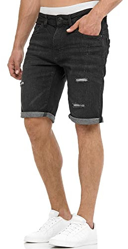 Indicode Herren Caden Jeans Shorts mit 5 Taschen | Herrenshorts Used Look für Männer Holes - Black, M
