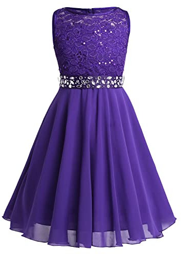 IEFIEL Fille Princess Robe De Mariage sans Manches Fleur Paillettes Robe Demoiselle d'honneur Lace Costume De Cérémonie Fête 2-16 Ans Violet 8 Ans