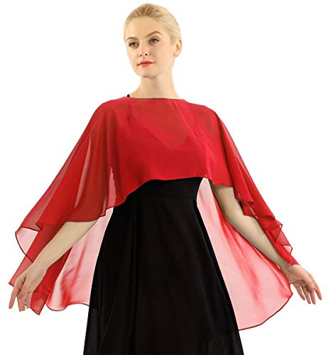 TiaoBug Damen Chiffon Stola Schal Poncho Vorne Kurz Hintern Lang Umhang Cape asymmetrisches Oberteil über festliche Kleider Brautkleid Accessoire Rot Einheitsgröße