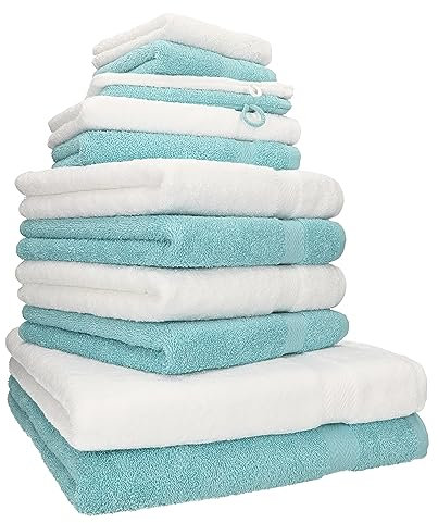 Betz 12-TLG. Handtuch Set Premium 100% Baumwolle 2 Duschtücher 4 Handtücher 2 Gästetücher 2 Seiftücher 2 Waschhandschuhe weiß/Ocean