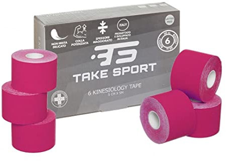 TAKE SPORT, NOVITÀ 2023! Kinesio tape, Nastro kinesiologico, Tape kinesiologico, Kinesio taping. 6 rotoli, 5 x 5m, 95% Cotone 5% Spandex, elastico. (color nero, rosa, azzurro, pelle)