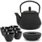 Teekanne asiatisch Gusseisen Set 0.8 Liter - schwarze Gusskanne mit Henkel & Edelstahl Tee-Filter Sieb-Einsatz für losen Tee & 6 Teebecher (Tassen) & Teewärmer