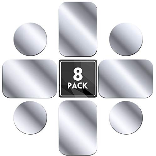 MENNYO Plaques de métal Lot de 8 pour Support téléphone Voiture magnétique, Plaque de métal Mince avec Adhésif pour Aimant de téléphone - 4 Rondes et 4 Rectangles