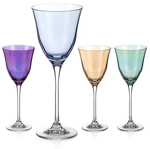 DIAMANTE Coloured Wine Glasses - ‘Kate Colour Selection’ Lustre Painted and Assorted Coloured Crystal Glass - Set of 4 (Purple, Aqua, Coral, Emerald Green)
