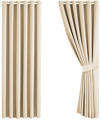 Aspire Homeware Blackout Curtains for Living Room - Cream Eyelet Bedroom Curtains with Tiebacks Thermal Insulated Super Soft & Energy Saving Privacy Protection Window Curtain Pair Panel 66x72 Drop