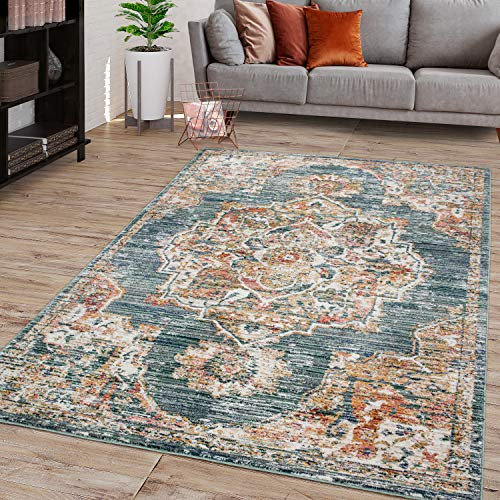 TT Home Wohnzimmer Teppich Kurzflor Pastell Marokkanisches Design Mit Bordüre Used Look, Farbe:Türkis, Größe:60x100 cm