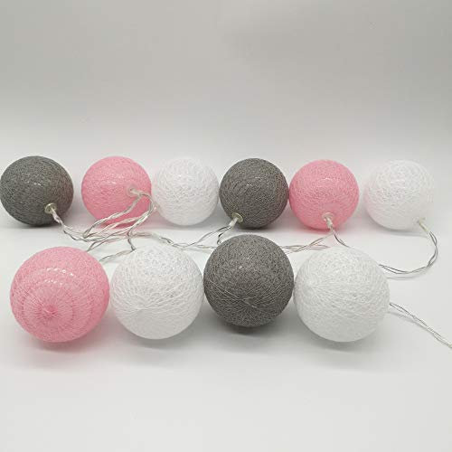 Guirlande Lumineuse Boule Coton LED Romantique, DOTBUY Decoration Noël, Guirlande Lumineuse à Piles, Enfant, Chambre Mariage Halloween Décorations (Gris Rose,1.8M/10LED)