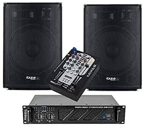 IBIZA Sound Light - Sono 1200W AMPLI + altavoces + mesa de mezcla USB Bluetooth + cable HP y cable PC para fiesta de boda, cumpleaños, fiesta DJ
