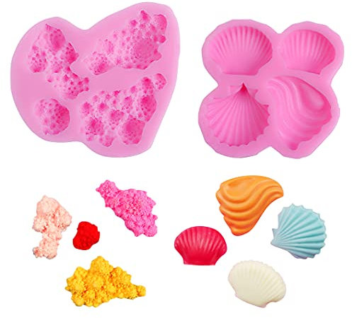 Rolin Roly 2pcs Moule à Fondant Coquillage Moule en Silicone Corail Moule Thème Marin Argile Chocolat Gumpaste Moules pour La Décoration de Gâteaux Gelée Bonbons Cuisson