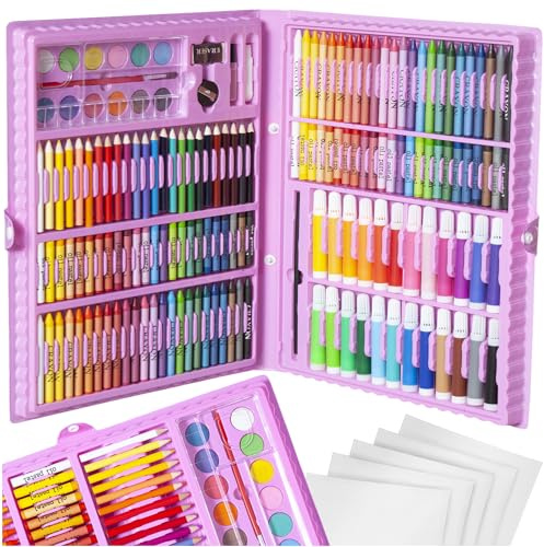 ISO TRADE Komplettes Malset im Koffer für Kinder 168 Einzelteile Mal- und Zeichenzubehör für Anfänger und Profis - Inklusive Buntstiften, Markern, Kerzenkreiden, Aquarellfarben 9174