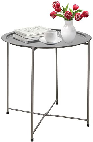 Garden 4 you End Table Metal Side Table Grey Round Folding Tray Cyan Sofa Small Accent Fold-able Table, Round End Table Tray, Next to Sofa Table, Snack Table for Living Room and Bed Room
