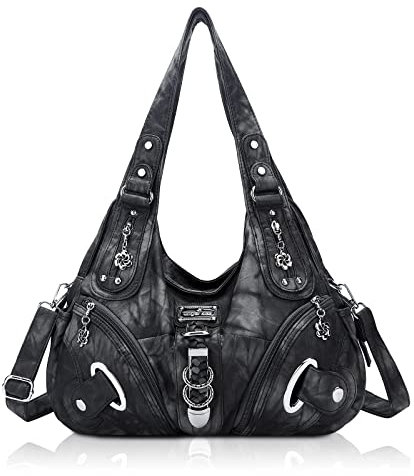 Angel Kiss Damen Schultertasche Hobo Tasche Umhängetaschen Schlusstaschen Henkeltaschen weiches PU Leder mit Reißver Handtasche Viele Fächer tolle tasche für Frauen (Mode Schwarz Grau)