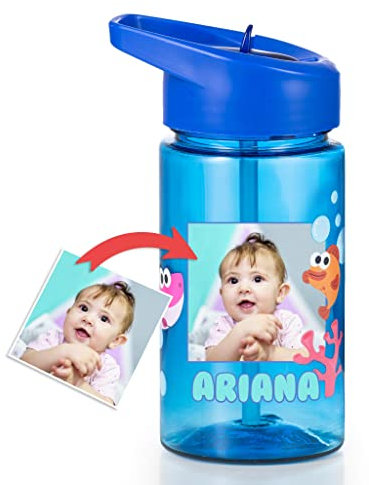 Wanapix | Botella Infantil Personalizada| Botella para Niños | Con Pajita y Asa de Transporte | Plástico Libre de BPA | 440 ml (Azul, 100% Personalizado)