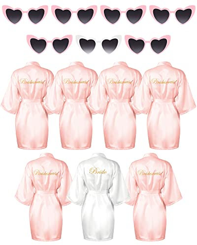 Xuhal Lot de 7 peignoirs de mariée et de demoiselle d'honneur en satin avec lunettes de soleil en forme de cœur, rose/blanc, taille unique