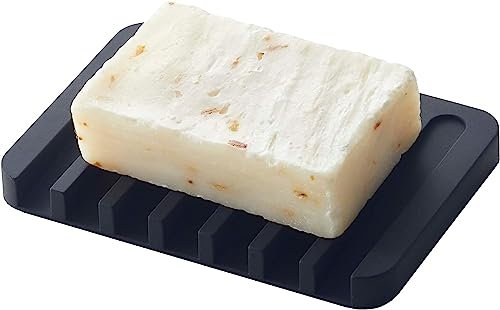 Flexible Silicone Soap Dish - Bathroom Organizer, Water Tray Stand, Non-Slip Box, Drainable Saver Pad for Shower, Kitchen - Black