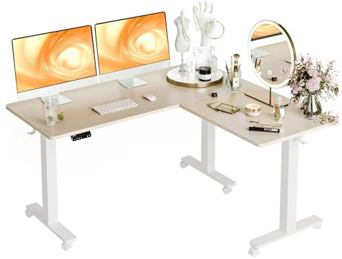 Claiks L Shaped Electric Corner Standing Desk, Triple Motor Height Adjustable Desk for Home Office, 160x140cm Stand Up Desk with Splice Board, White Frame/Nature Top