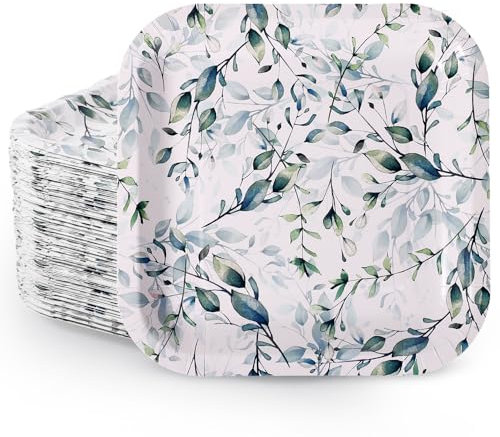 50pcs Assiettes Fête Papier, 23x23cm Assiettes en Papier Décoratives Assiettes Feuilles Vertes Assiettes Papier Motif Décoration pour Mariage Fête Salle à Manger Réunion de Famille