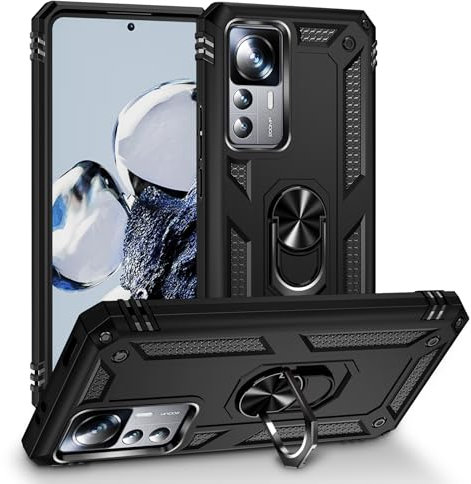 BestST Hülle für Xiaomi 12T Pro/12T/Redmi K50 Ultra Cover + HD schutzfolie, Armor Stoßfest TPU PC Schutzhülle Ringhalter Handytasche Case Handy Hüllen, Schwarz