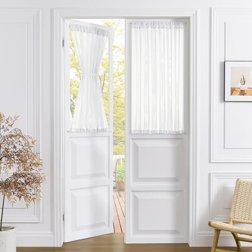 Tollpiz Sheer Door Curtains Closet Linen Textured Curtain Sheers Doorway Light Filtering Voile French Door Rod Pocket Curtains Patio Glass Door, 54 x 63 inches Long, White, Set of 1 Panel