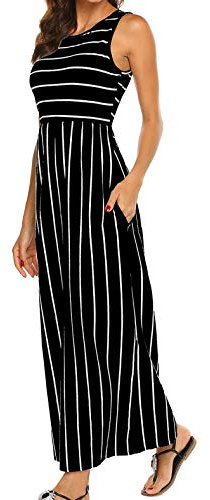 BDTECAOR Boho Kleid Damen Sommerkleid Schwarz Weiss Gestreift Ärmellose Strandkleid Lang Maxikleid Schwarz XL