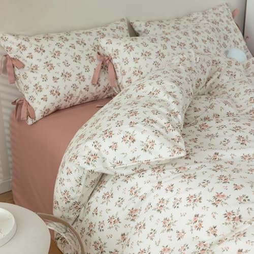 LIFETB Bettwäsche-Set mit rosa Blumen, weich, 100 % Baumwolle, Blumen-Bettwäsche-Set, Gartenstil, Blumenmuster, für Mädchen, Cottagecore-Bettwäsche-Set, 1 x Bettbezug mit 2 Kissenbezügen, schickes