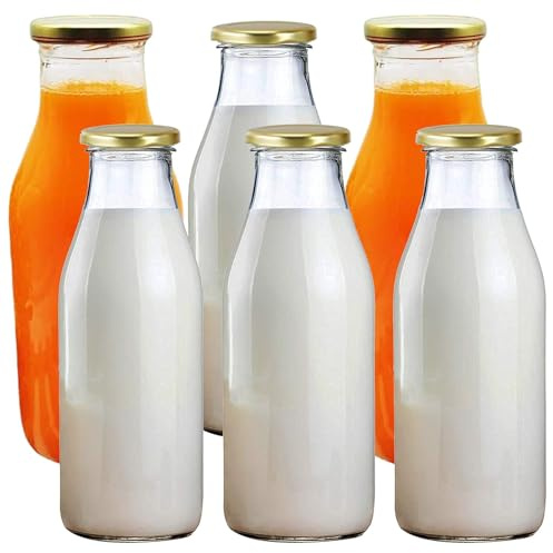 KWARE 500ml&300ml Retro Glass Milk Bottles with Gold Lids. For Homemade Milk and Yoghurts, Decoration and Weddings (300ml Set of 6)